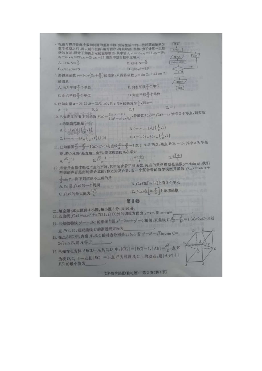 湖南省长沙市2020届高三高考模拟试卷（二）文科数学试题 图片版含答案_第2页