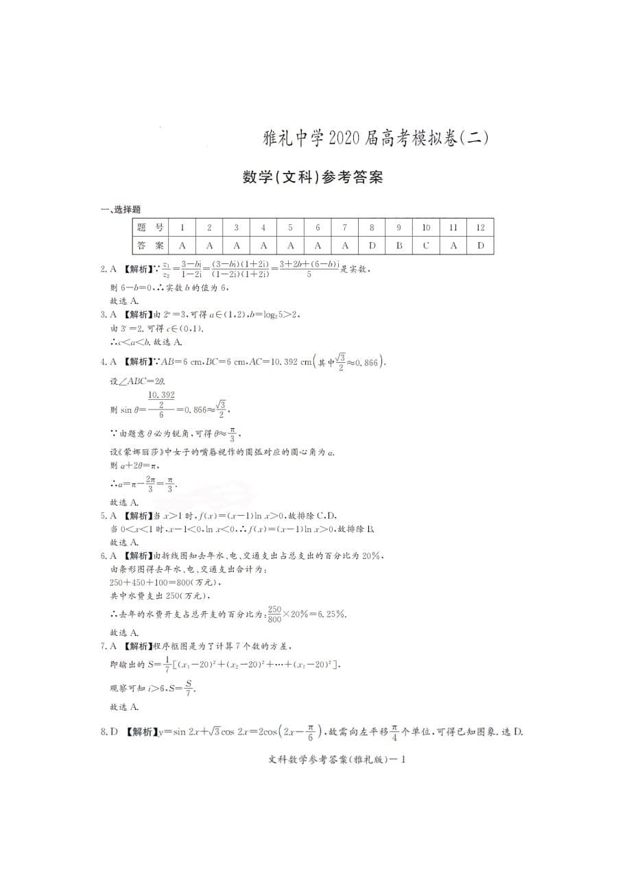 湖南省长沙市2020届高三高考模拟试卷（二）文科数学试题 图片版含答案_第5页