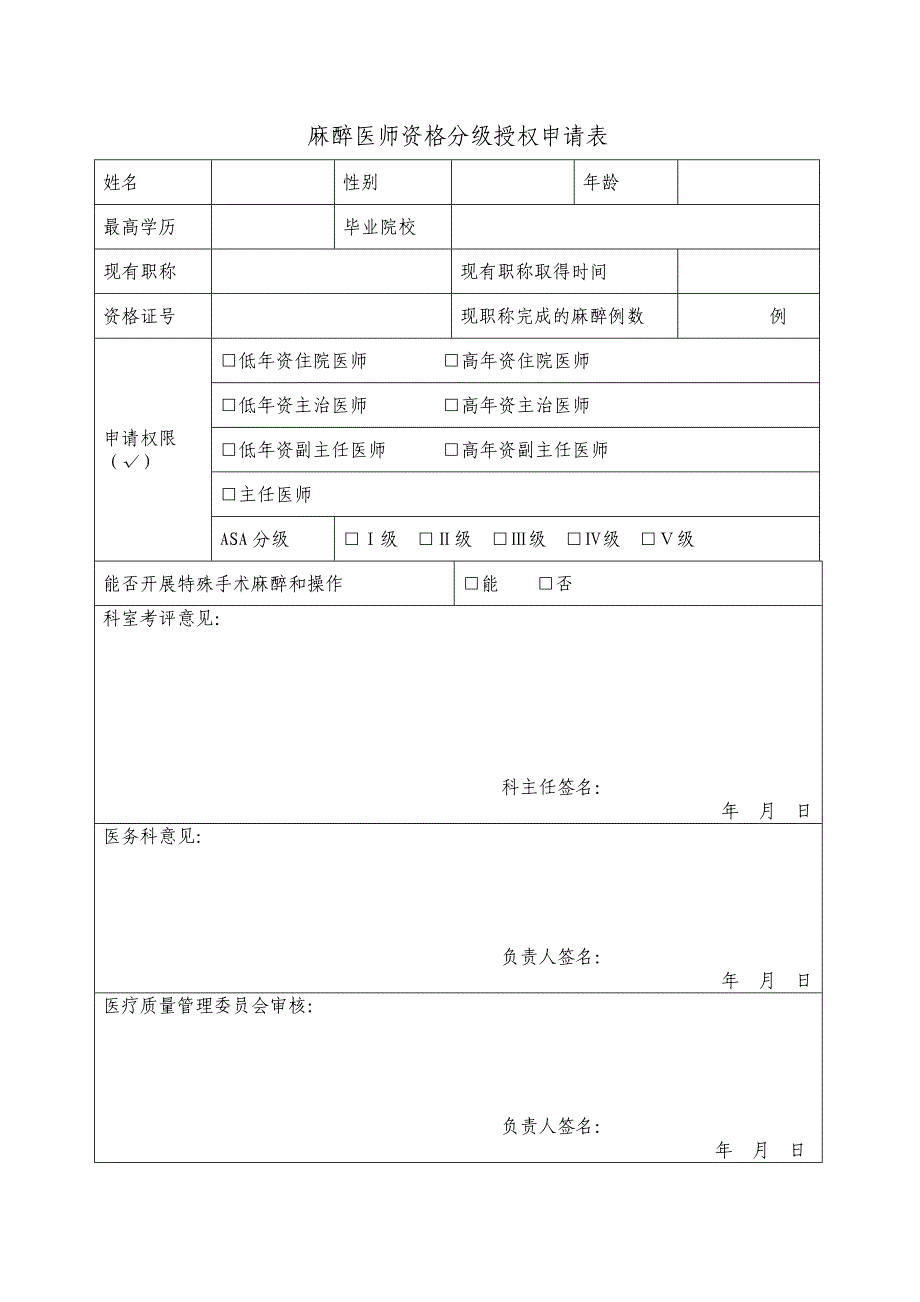 2016麻醉医师 分级授权申请表2016._第1页