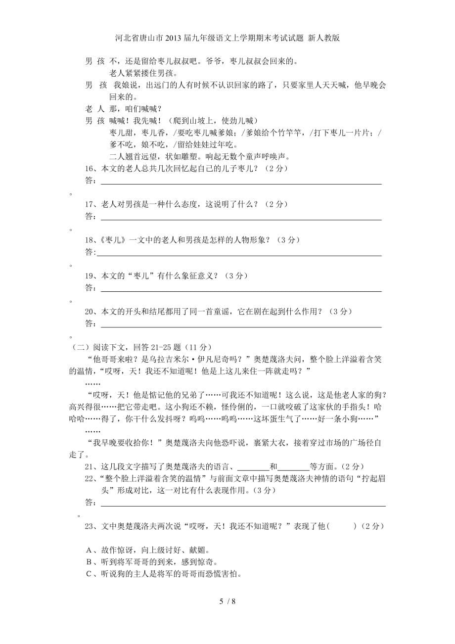 河北省唐山市九年级语文上学期期末考试试题 新人教版_第5页