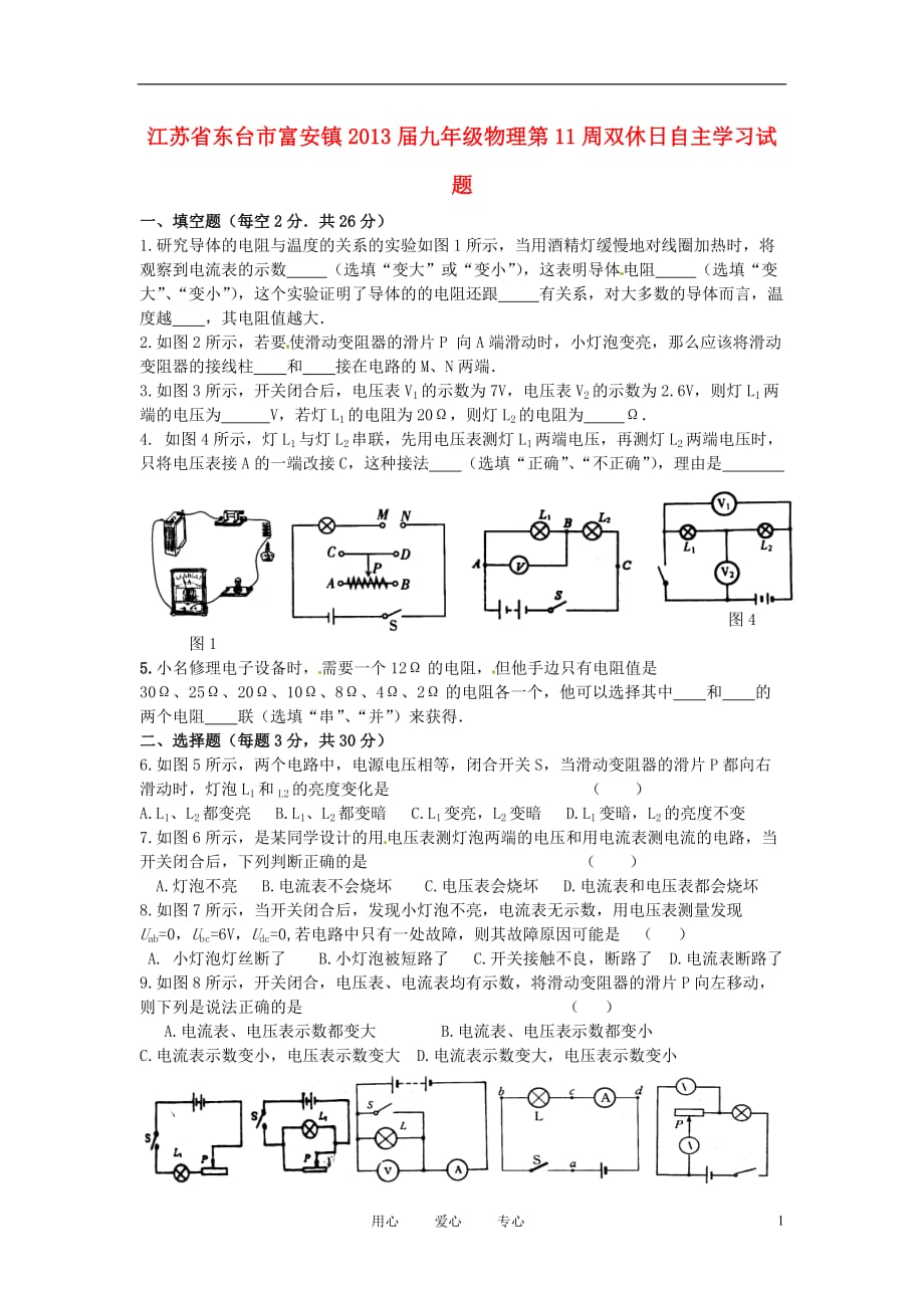 江苏省东台市富安镇九年级物理第11周双休日自主学习试题_第1页