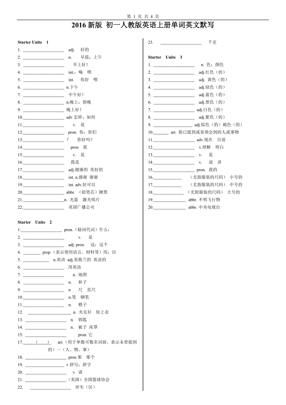 2017新版-七年级人教版英语上册单词英文默写-_第1页