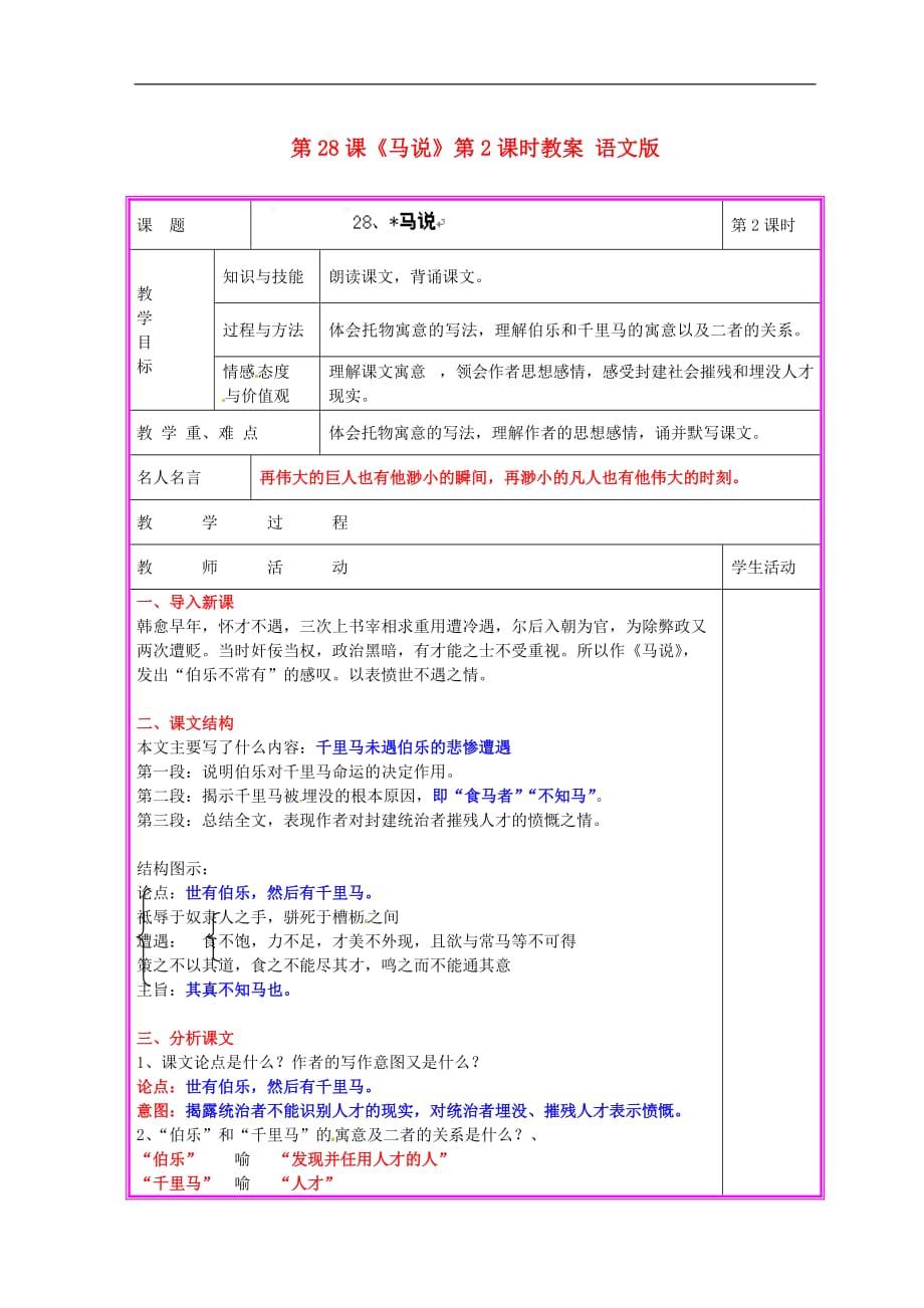 湖南省张家界市慈利县赵家岗土家族乡中学九年级语文上册 第28课《马说》第2课时教案 语文版_第1页