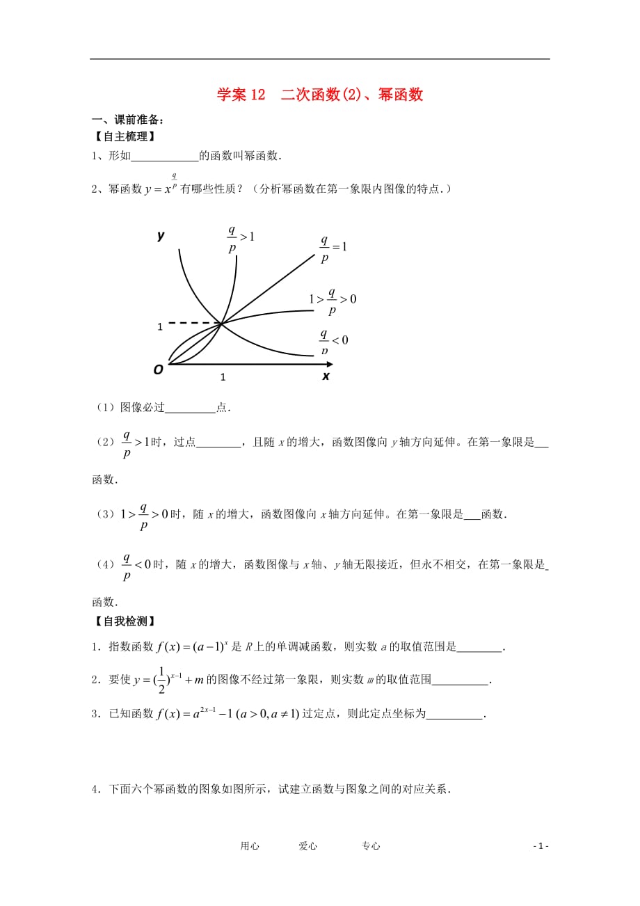 江苏高二数学复习学案 练习12 二次函数(2)、幂函数 文_第1页