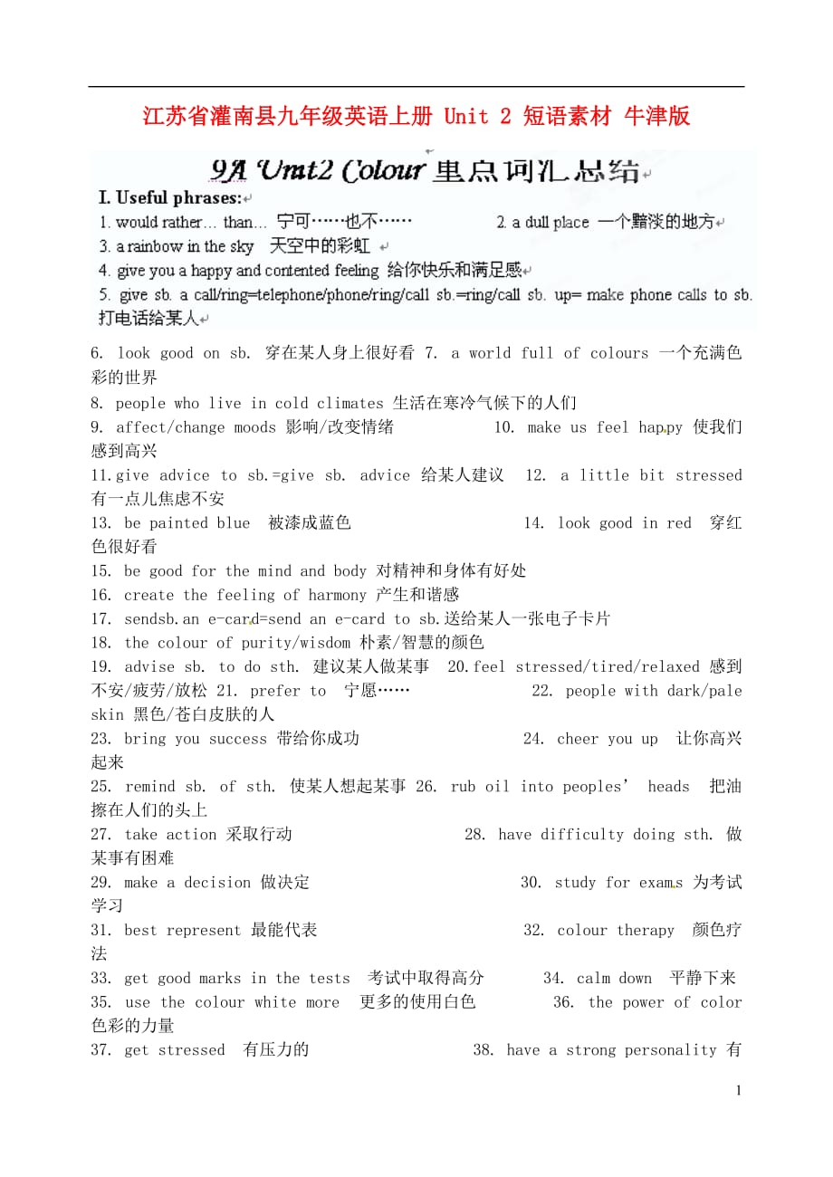 江苏省灌南县九年级英语上册 Unit 2 短语素材 牛津版_第1页