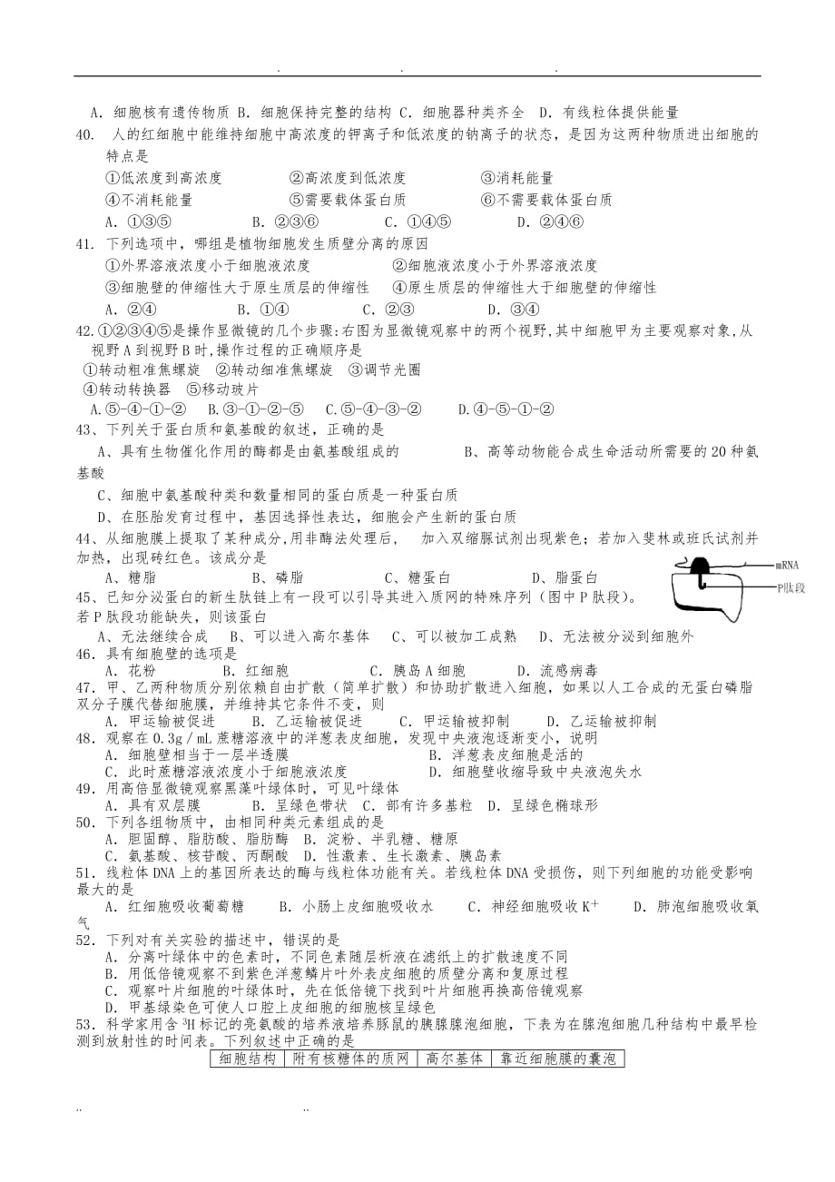 高三生物必修1第1~4章基础过关题_第4页