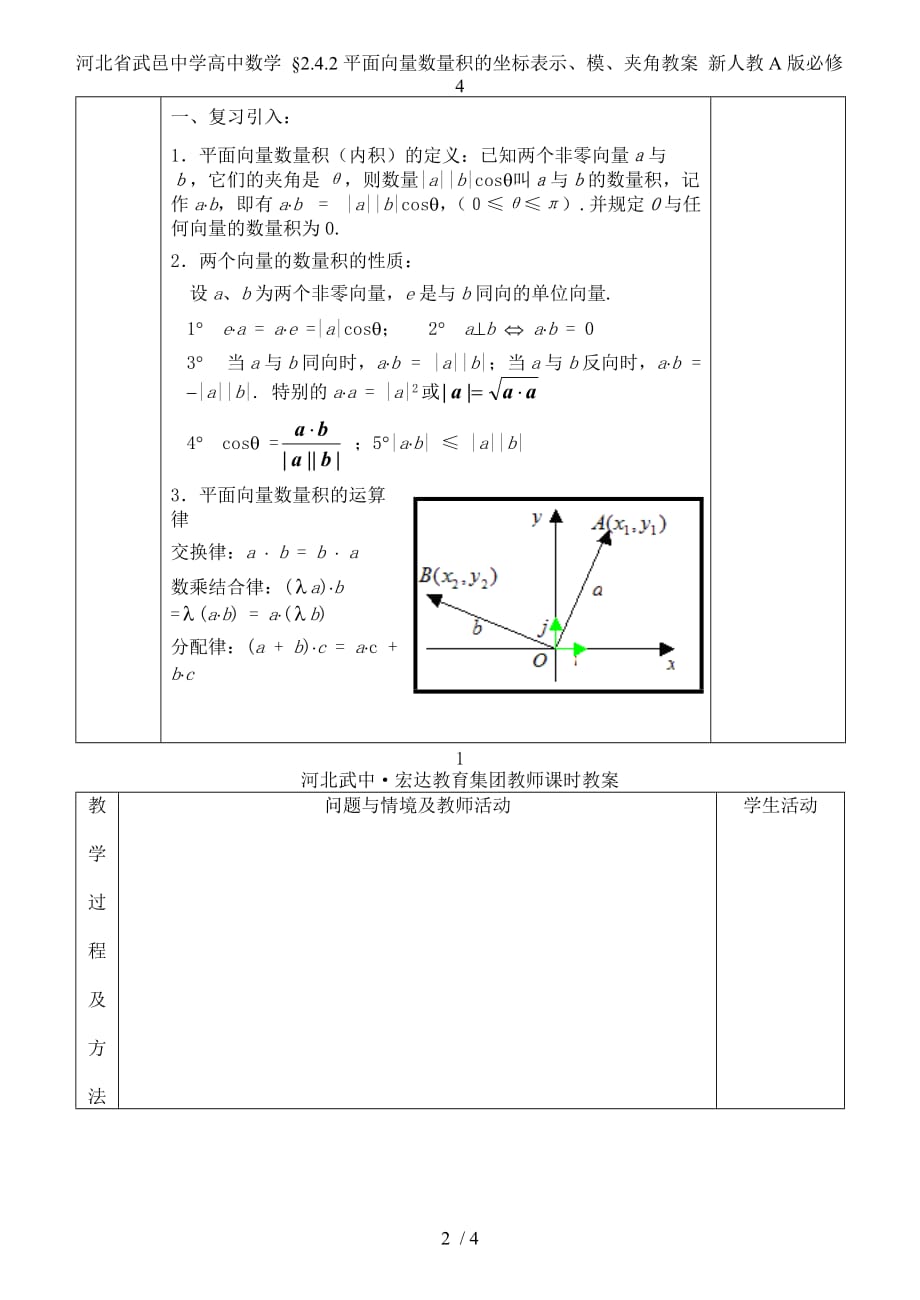 河北省武邑中学高中数学 &amp#167;2.4.2平面向量数量积的坐标表示、模、夹角教案 新人教A版必修4_第2页