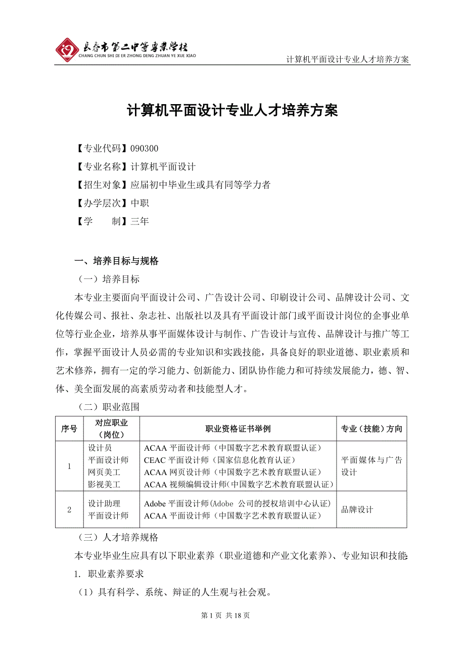 计算机平面设计专业人才培养方案--_第1页