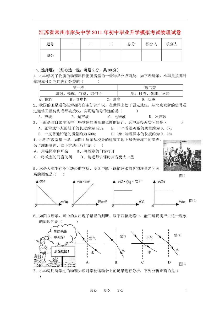 江苏省常州市岸头中学九年级物理毕业升学模拟考试卷（无答案） 苏教版_第1页