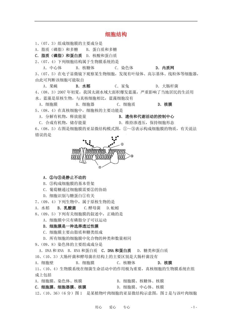 江苏省高考生物 细胞结构学业水平测试卷 苏教版_第1页