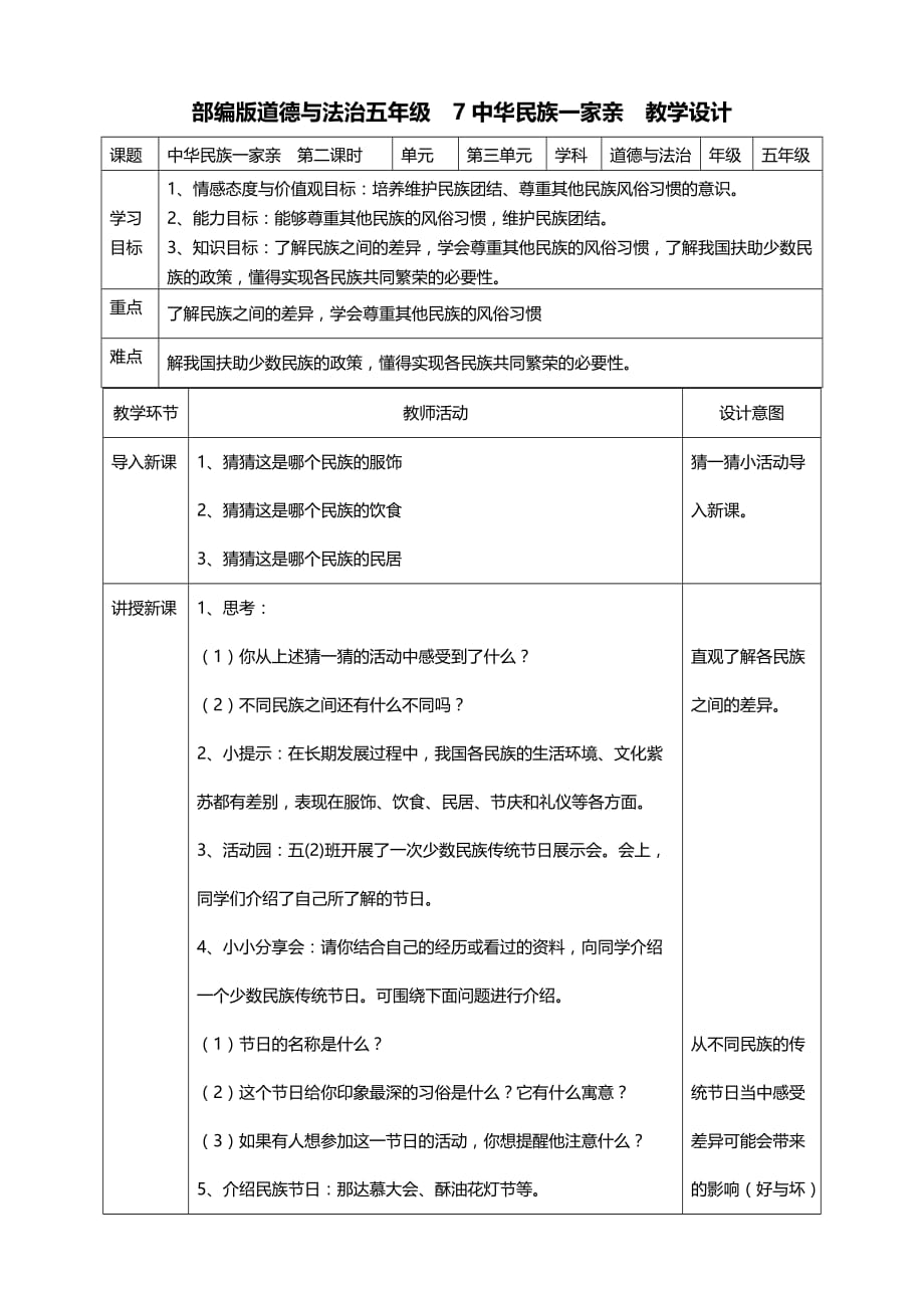 部编版道德与法治五年级上册7中华民族一家亲第二课时教案_第1页