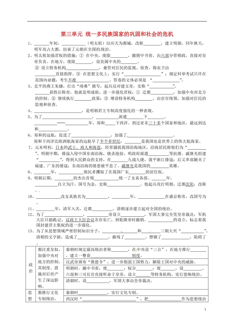 湖北省武汉为明实验学校七年级历史下册第三单元统一多民族国家的巩固和社会的危机默写（无答案）新人教版.doc_第1页