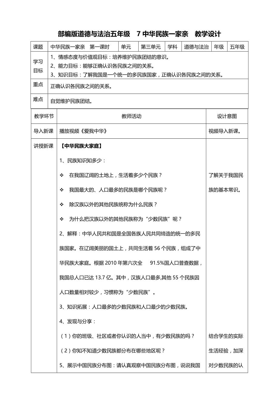 部编版道德与法治五年级上册7中华民族一家亲第一课时教案_第1页