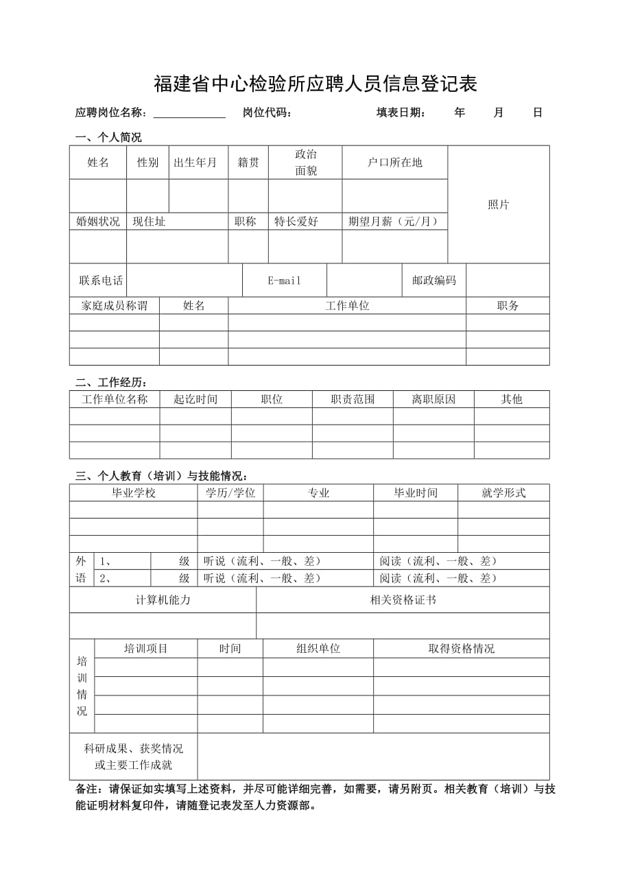 8284编号福建省中心检验所应聘人员信息登记表_第1页