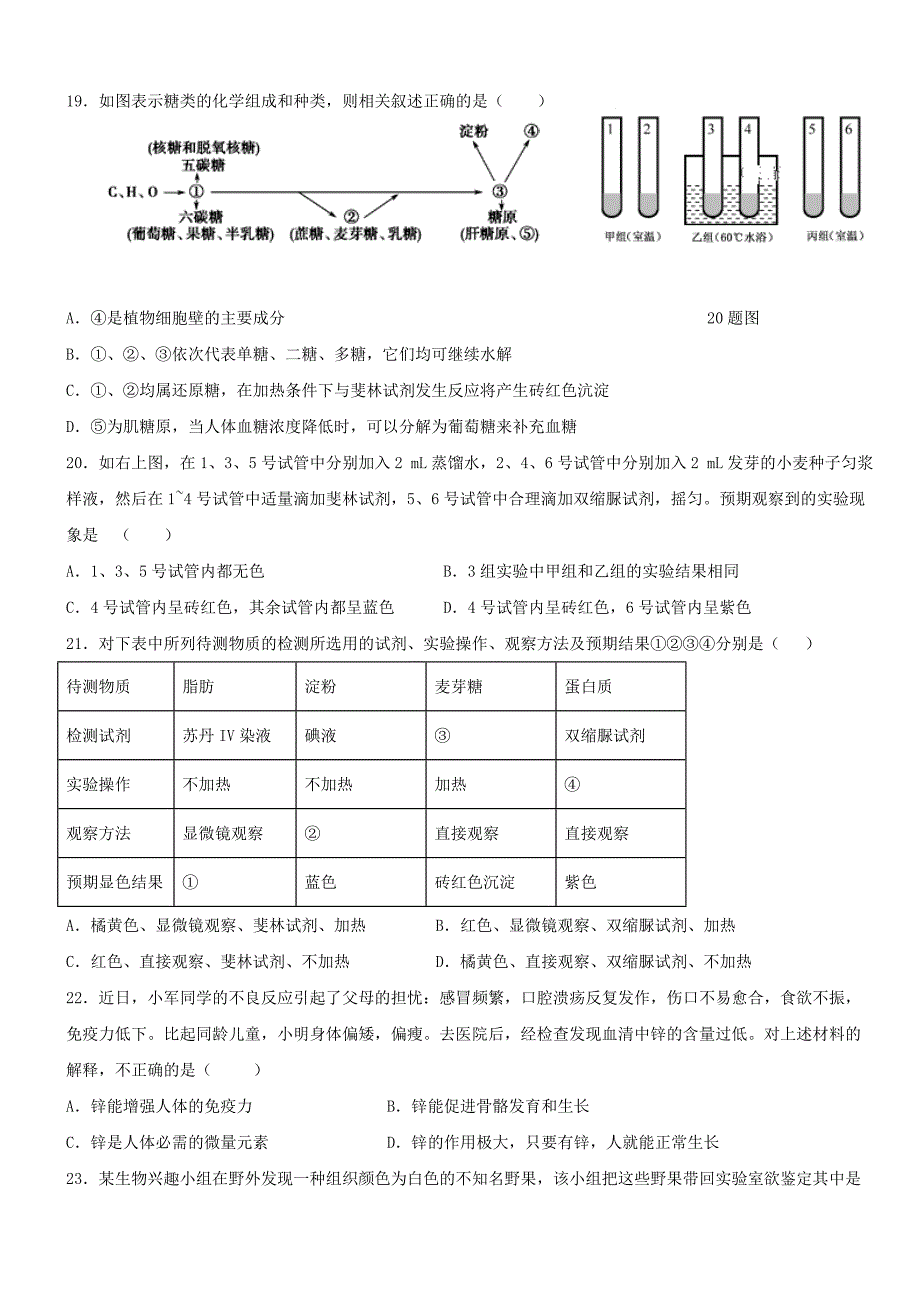 广东省深圳南山分校2019-2020学年高一生物上学期期中试题[带答案]_第4页