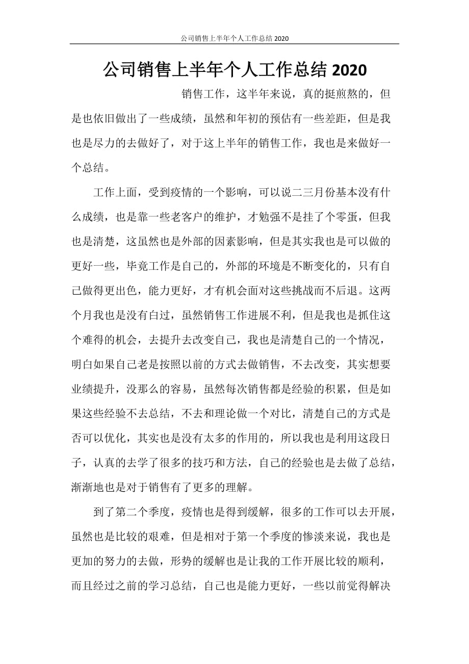 公司销售上半年个人工作总结2020_第1页