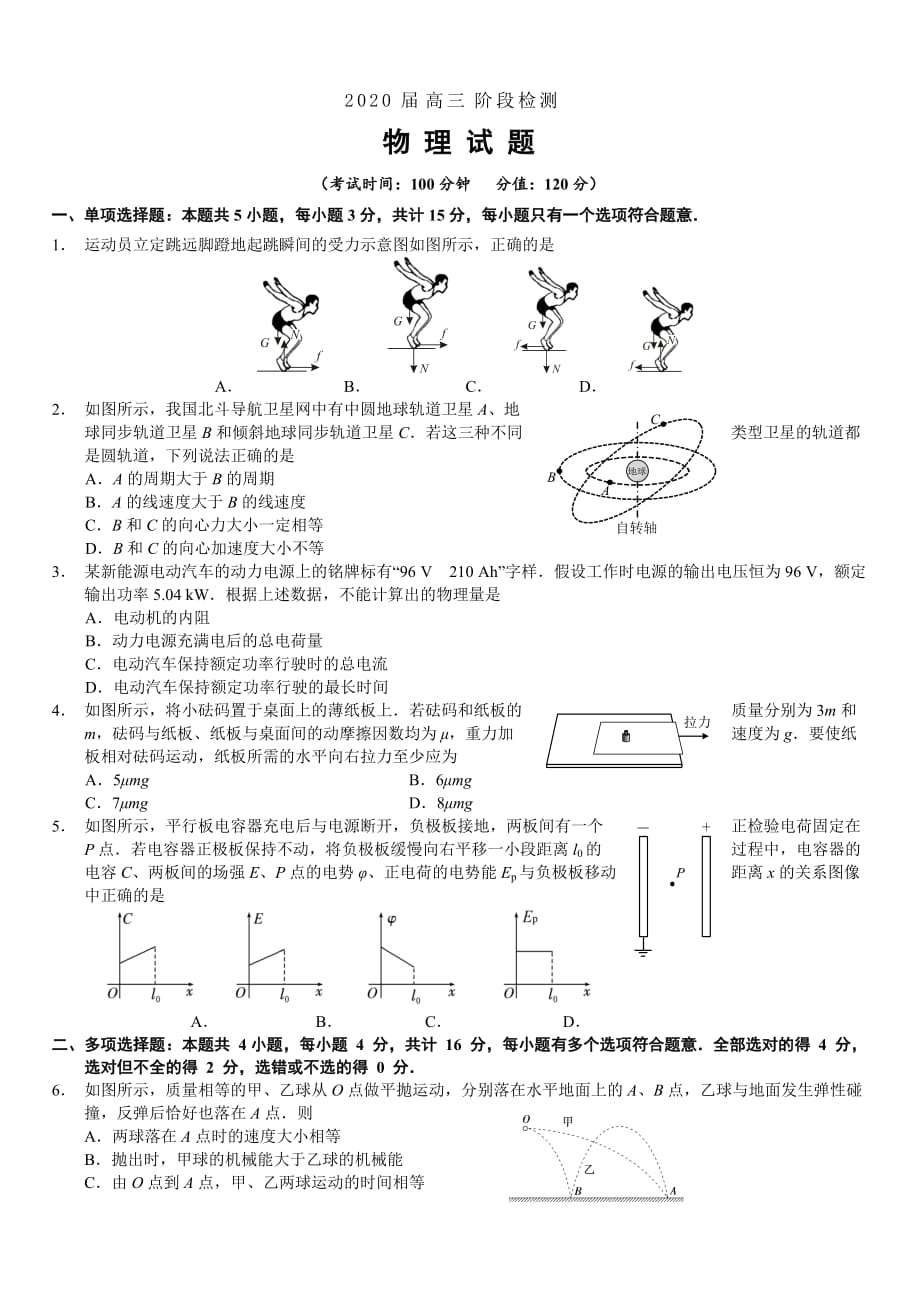 江苏省如皋中学2020届高三下学期阶段检测物理试题【带答案】_第1页