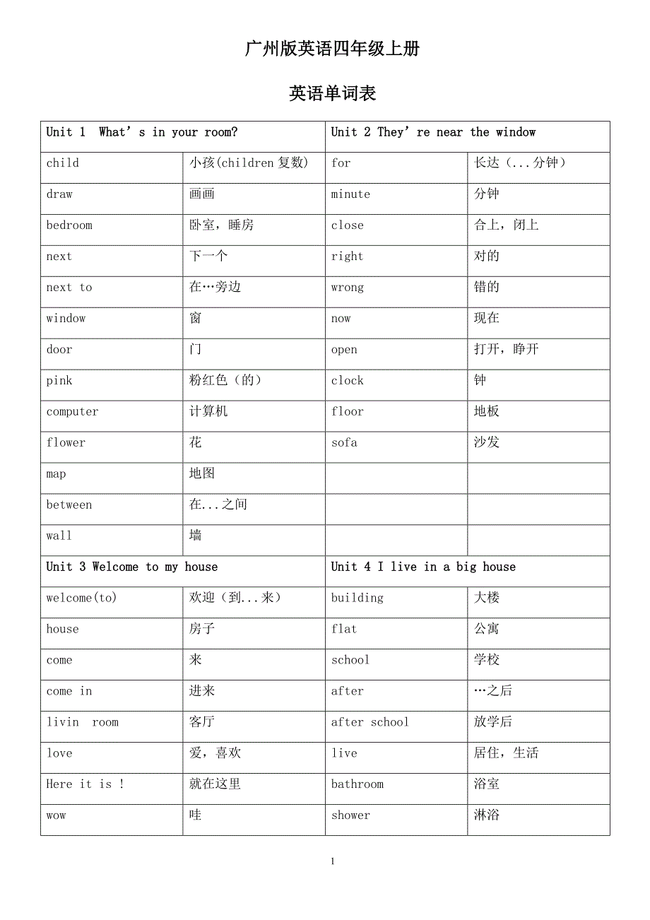 9728编号广州版英语四年级上册单词表_第1页