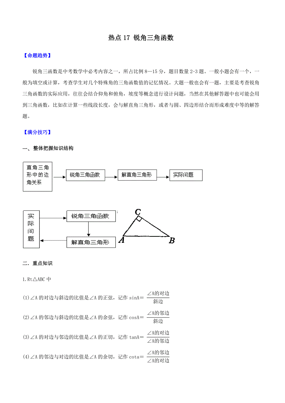 2020年中考数学热点专练17锐角三角函数【带解析】_第1页