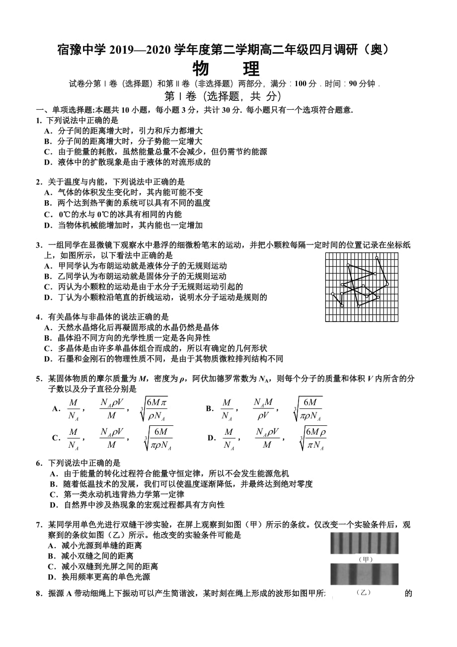 江苏省宿豫中学2019—2020学年度第二学期四月调研卷高二物理【奥数班】【带答案】_第1页