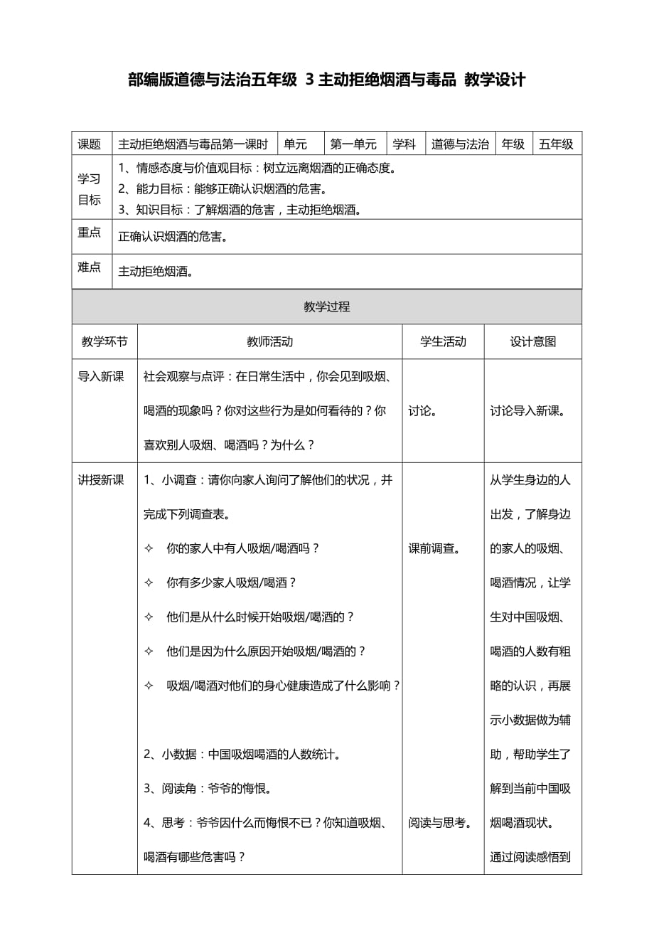 部编版道德与法治五年级上册3主动拒绝烟酒与毒品第一课时教案（表格式）_第1页