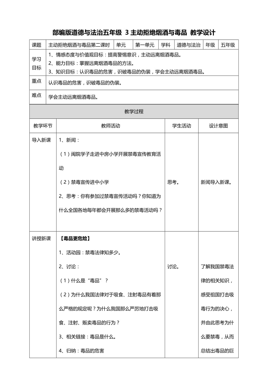 部编版道德与法治五年级上册3主动拒绝烟酒与毒品第二课时教案（表格式）_第1页