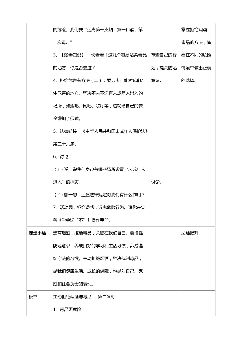 部编版道德与法治五年级上册3主动拒绝烟酒与毒品第二课时教案（表格式）_第3页