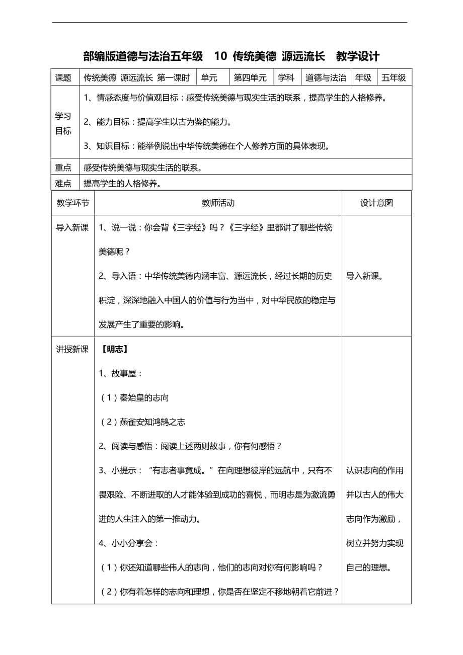 部编版道德与法治五年级上册10传统美德源远流长第一课时教案_第1页