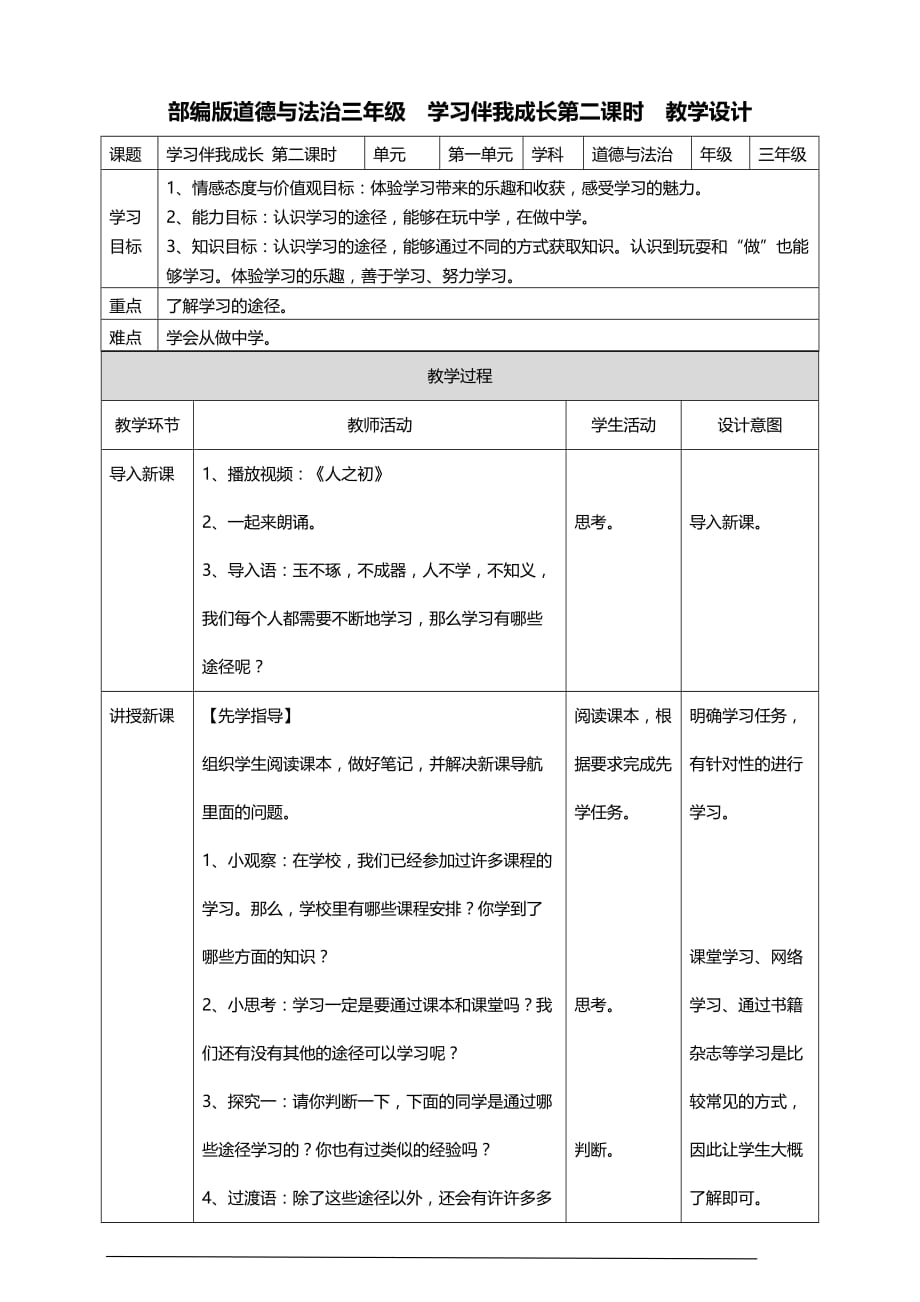 部编版道德与法治三年级上册1.学习伴我成长 教案（第二课时）_第1页