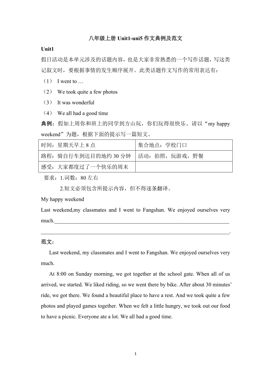 八年级上册英语1-5单元作文范文-精编_第1页