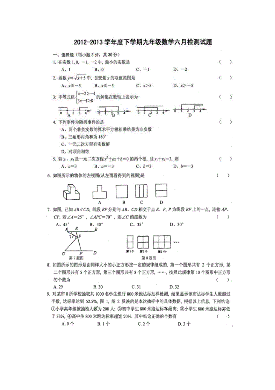 2012-2013学年度下学期九年级数学六月检测试题._第1页