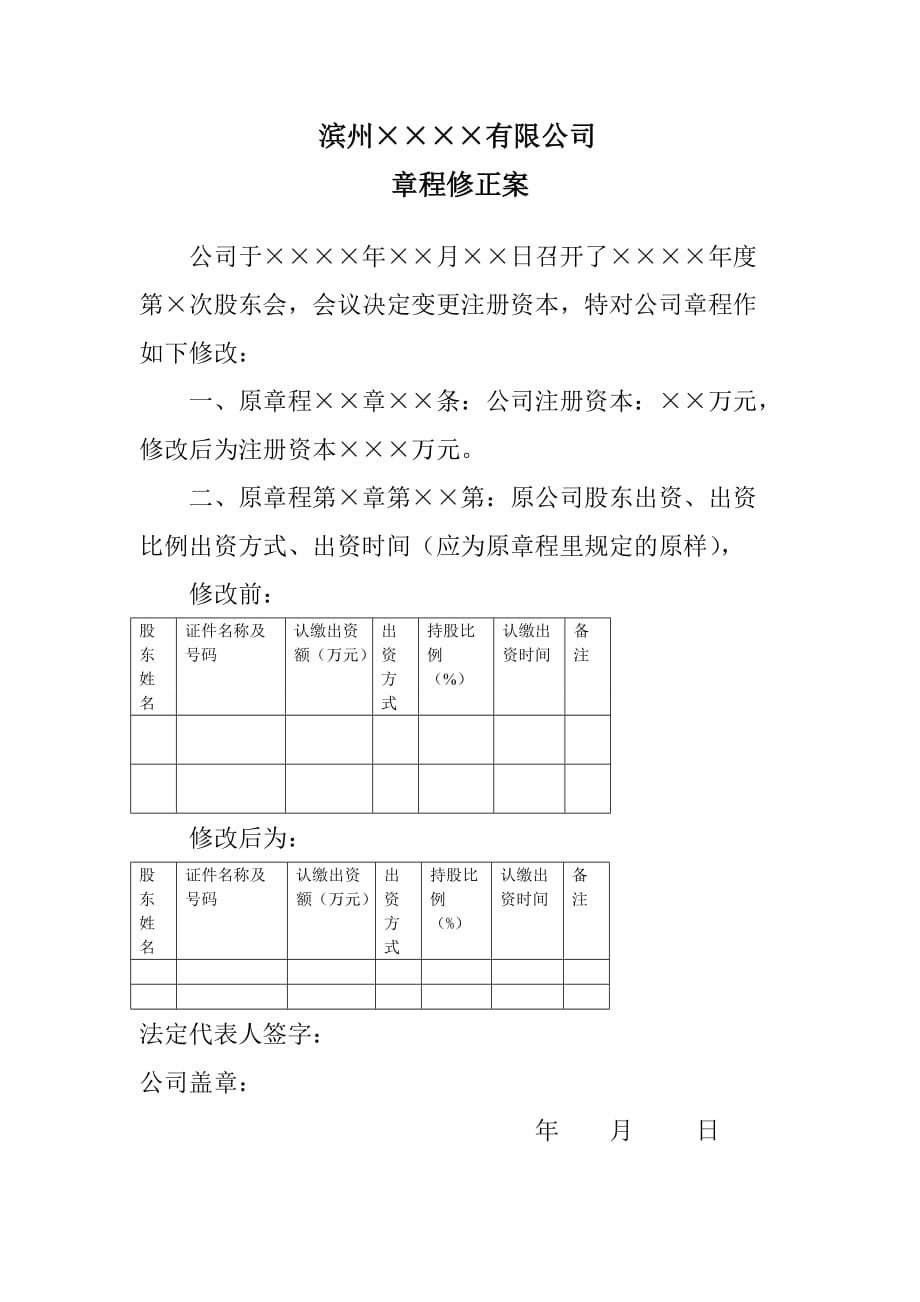 变更注册资本章程修正案(注册资本变更)._第1页