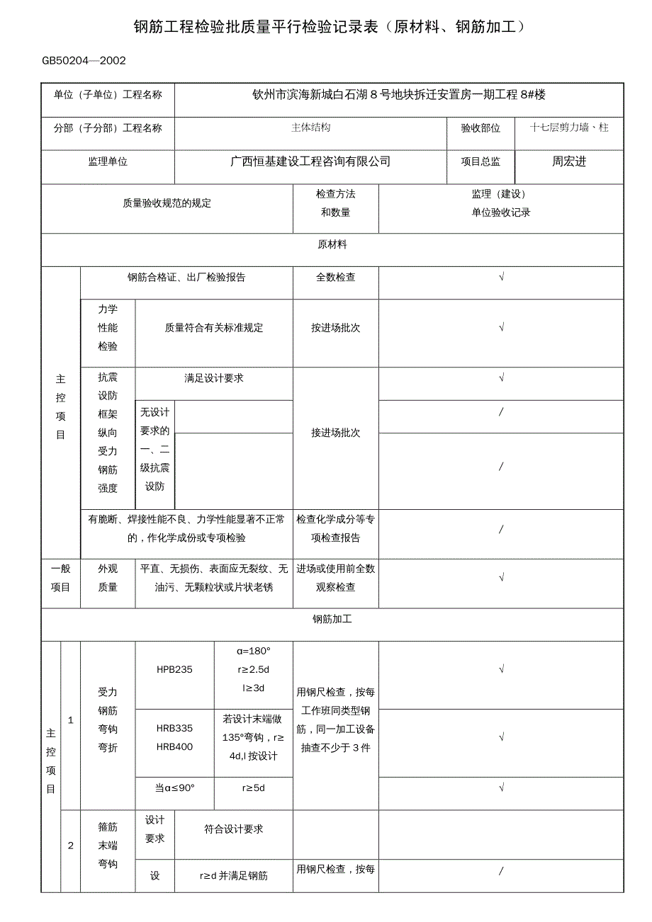 {工程质量管理}钢筋工程检验批质量验收记录原材料、钢筋加工)_第2页