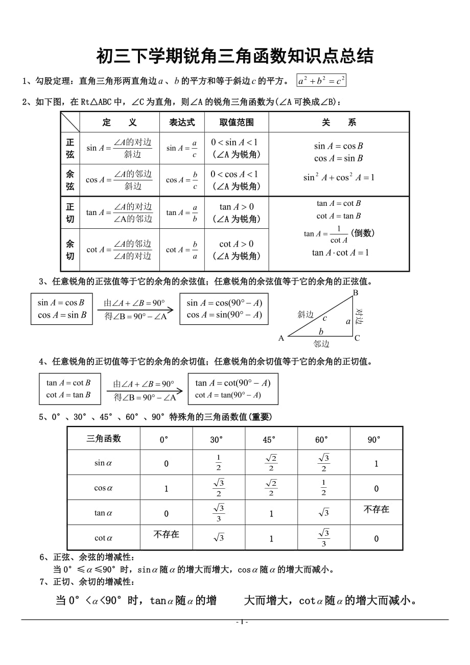 初中三角函数知识点总结-精编_第1页