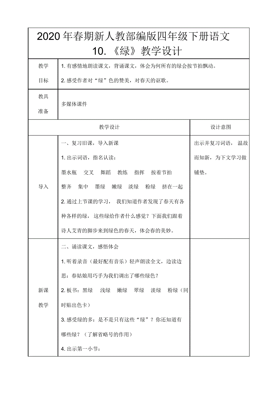 2020年春期新人教部编版四年级下册语文教案《绿》._第1页