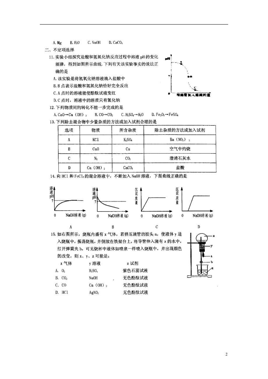 江苏省泰州市九年级化学下学期第一次月考试题（扫描版无答案） 新人教版_第2页