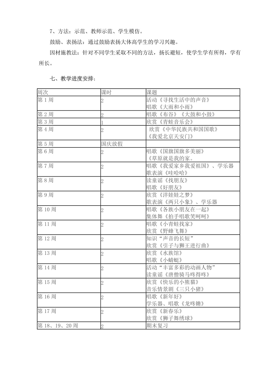 小学一年级音乐上册教学计划(新版人教版)-精编_第3页