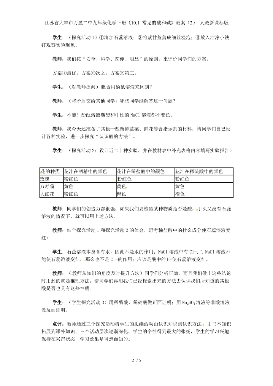 江苏省大丰市万盈二中九年级化学下册《10.1 常见的酸和碱》教案（2） 人教新课标版_第2页