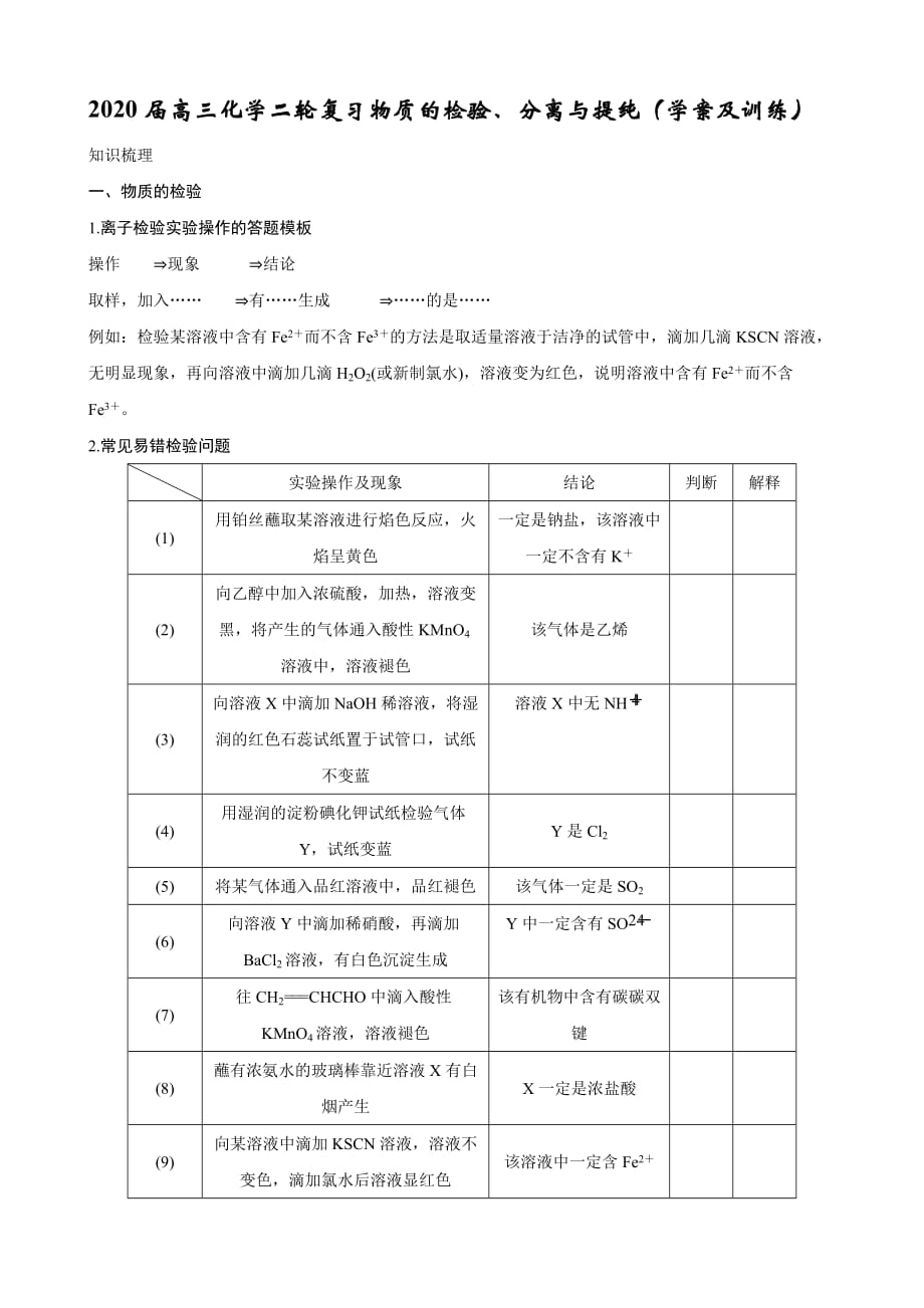 高三化学二轮复习物质的检验、分离与提纯（学案及训练）_第1页