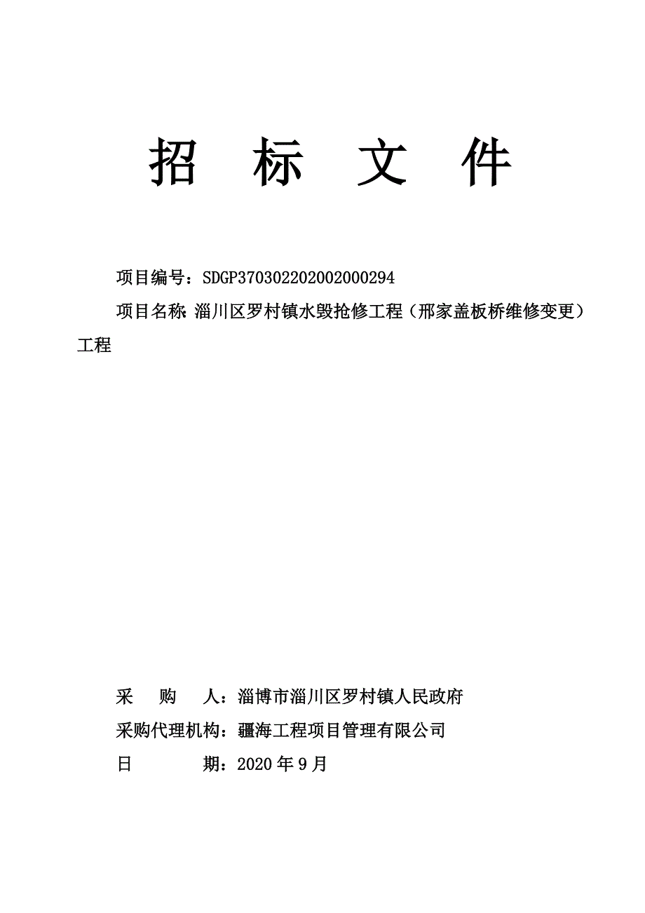 淄川区罗村镇水毁抢修工程（邢家盖板桥维修变更）工程招标文件_第1页