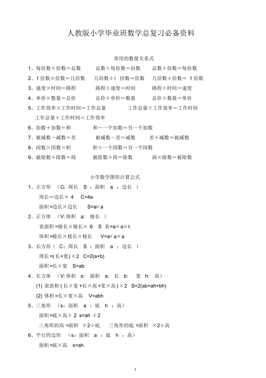 人教版小学毕业班数学总复习必备资料_第1页