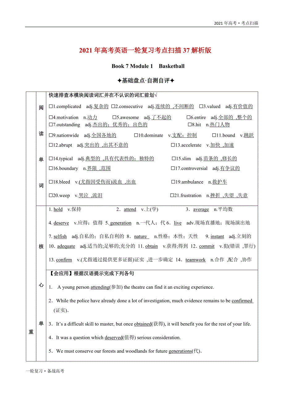 2021年高考[英语]一轮复习考点7 Module 1 Basketball（教师版）_第2页