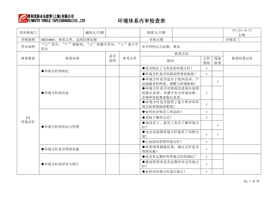 环境体系内审检查表（最新编写-修订版）_第1页