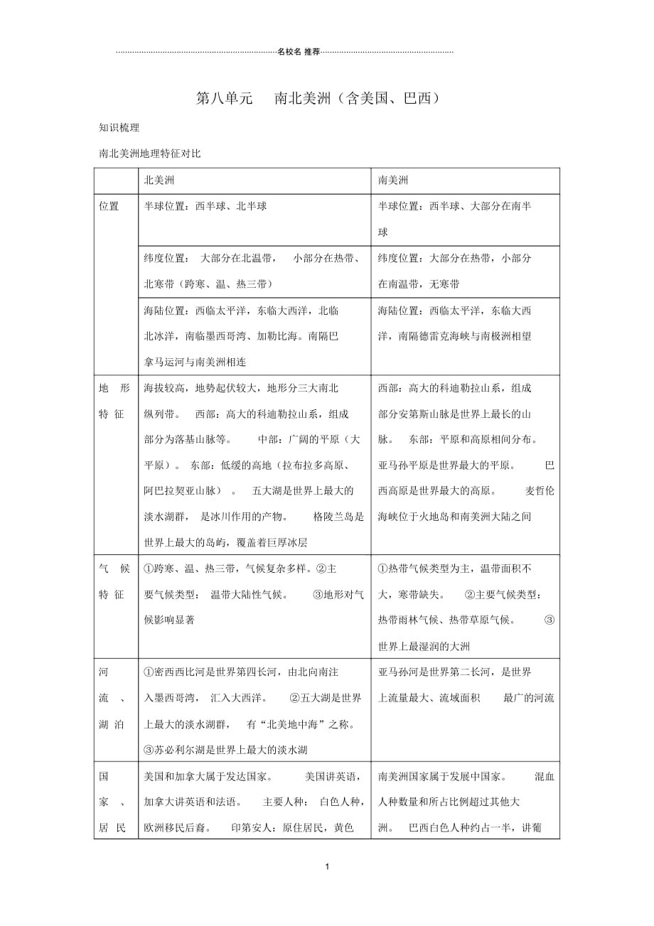 中考零距离山东省潍坊中考地理第八单元南北美洲复习知识梳理+典例精炼_第1页