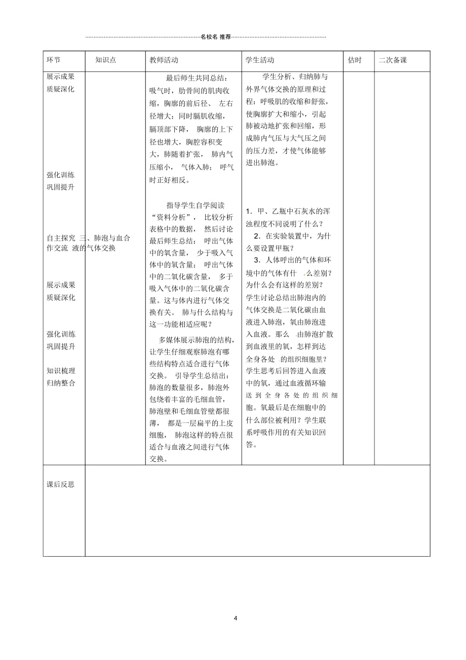 山东省临沭县第三初级中学初中七年级生物下册《4.3.2发生在肺内的气体交换》名师精选教案新人教版_第4页