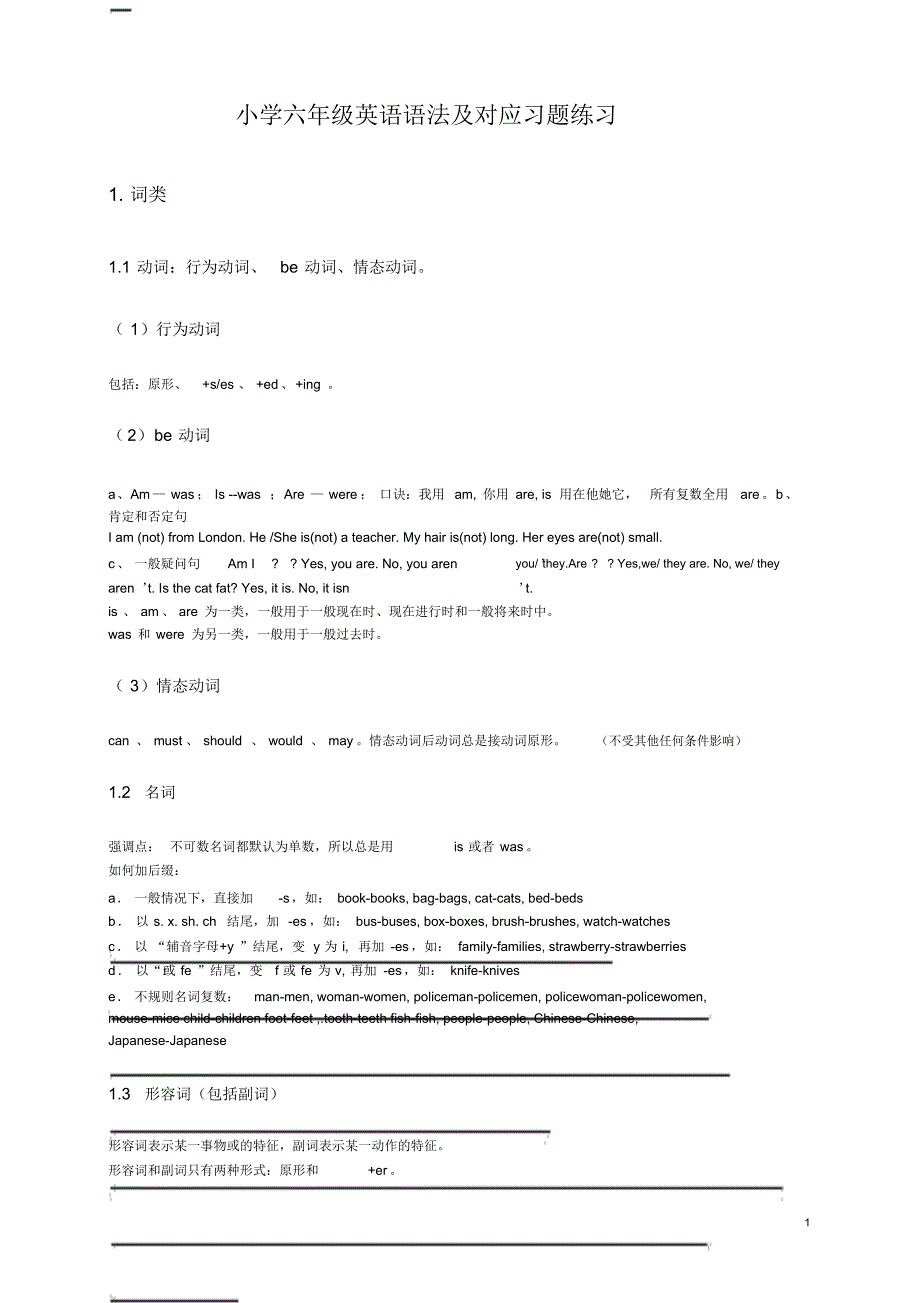 小学六年级英语语法及对应习题练习_第1页