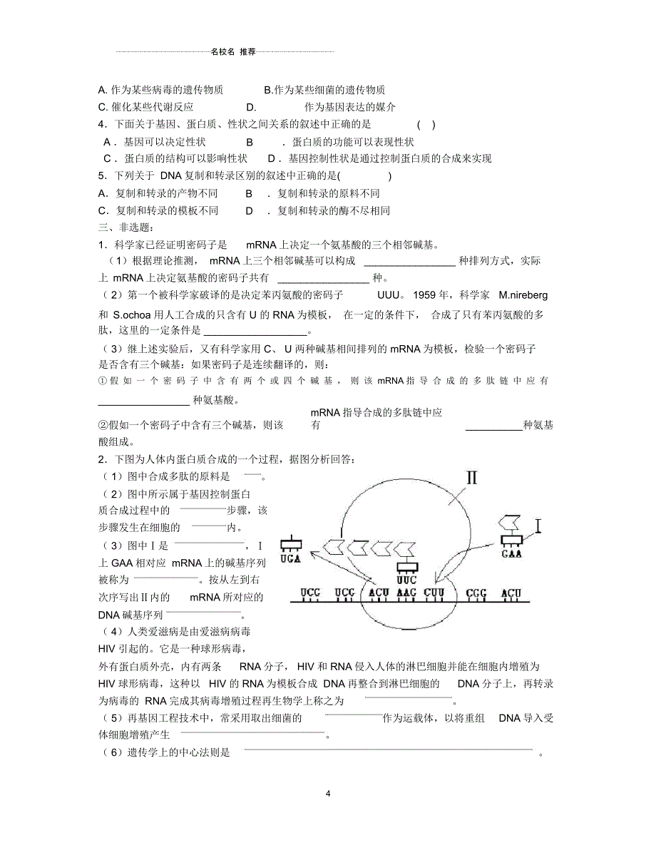 高三生物专题五遗传的分子基础和遗传的基本规律(第二课时)名师精选教案_第4页