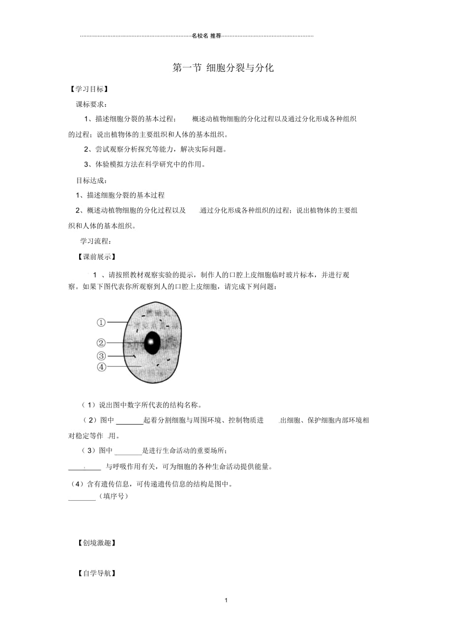 辽宁省灯塔市第二初级中学初中七年级生物上册2.4.1细胞分裂与分化名师精编导学案(无答案)(新版)苏教_第1页