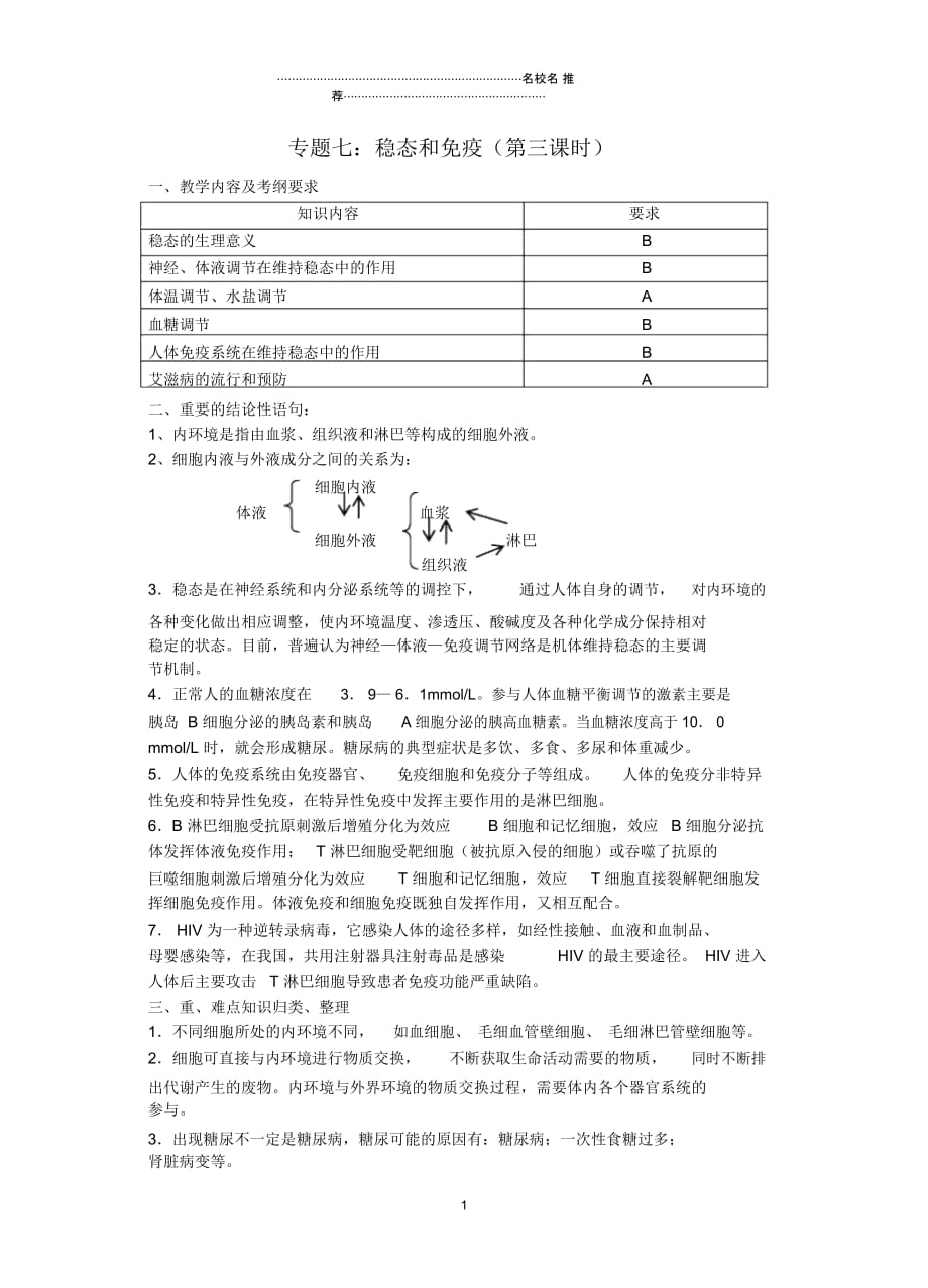 高三生物专题七稳态和免疫(第三课时)名师精选教案_第1页