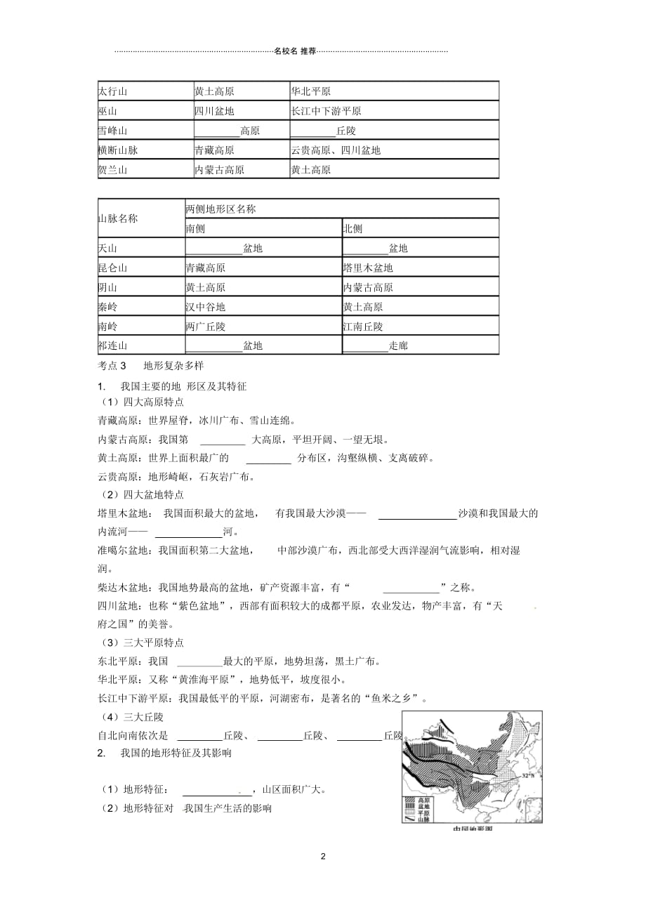 中考地理一轮复习中国的地形(第20课时)导学案(无答案)_第2页
